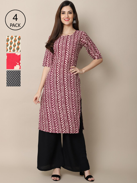 

Ethnic basket Women Set Of 4 Maroon & Peach-Coloured Floral Printed Crepe Kurta