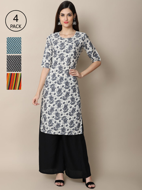 

Ethnic basket Women Pack Of 4 Block Print Crepe Kurta, Grey