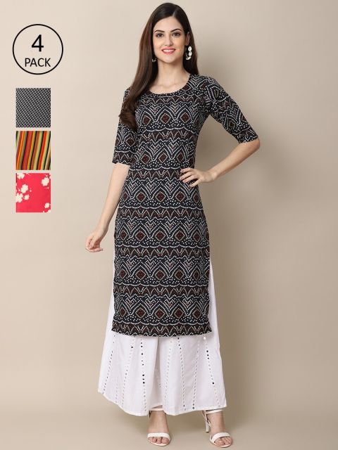 

Ethnic Basket Pack Of 4 Women Printed Crepe Kurta, Black