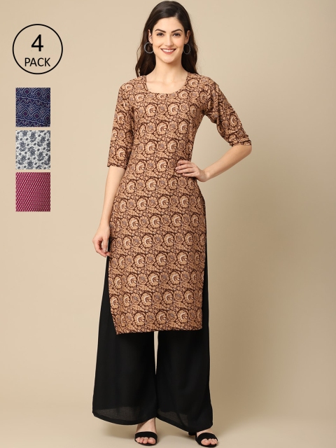 

Ethnic basket Women Pack Of 4 Printed Crepe Straight Kurta, Brown