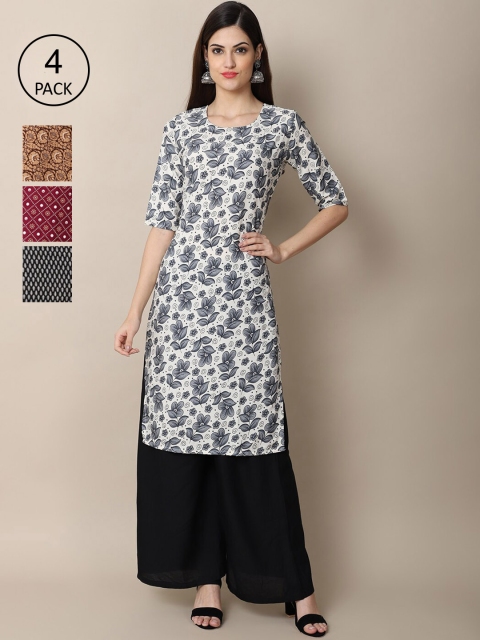 

Ethnic basket Women Pack Of 4 Block Print Crepe Kurta, Grey