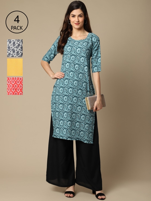 

Ethnic basket Women Pack Of 4 Multicoloured Ethnic Motifs Printed Crepe Kurta, Multi