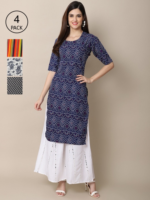 

Ethnic basket Women Pack of 4 Printed Crepe Kurtas, Blue
