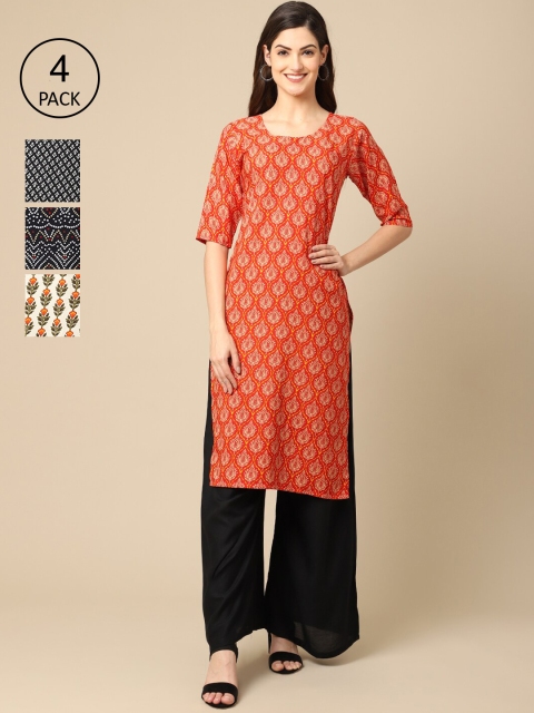 

Ethnic basket Women Pack of 4 Printed Crepe Kurtas, Orange