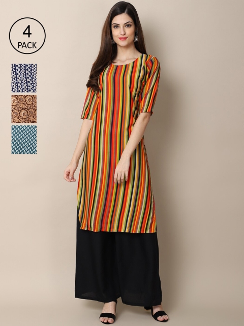 

Ethnic basket Women Pack of 4 Printed Crepe Kurtas, Blue