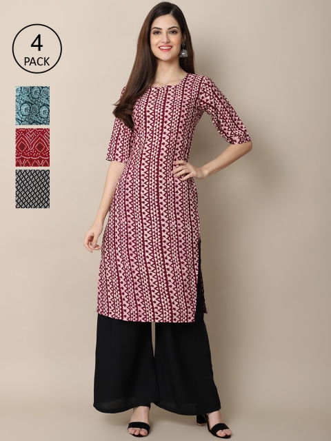 

Ethnic basket Women Pack Of 4 Ethnic Motifs Printed Crepe Kurta, Maroon