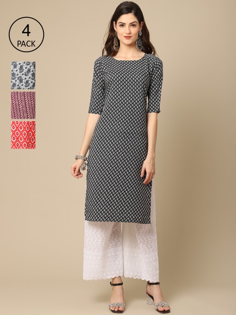 

Ethnic basket Women Pack of 4 Printed Crepe Straight Kurta, Black
