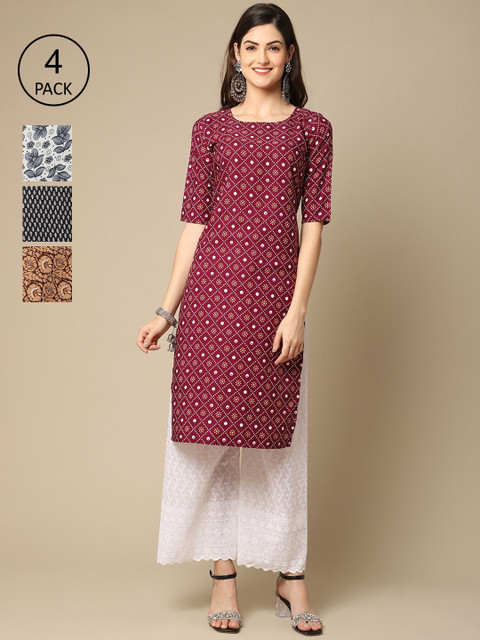 

Ethnic basket Women Multicoloured Geometric Printed Thread Work Block Print Crepe Kurta, Multi