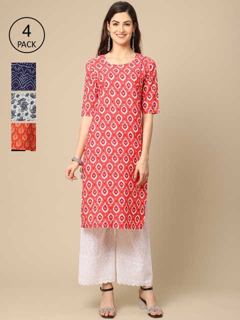 

Ethnic basket Women Pack of 4 Pink & White Ethnic Motifs Printed Crepe Kurta