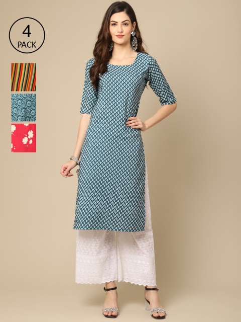 

Ethnic basket Women Pack Of 4 Ethnic Motifs Printed Crepe Kurta, Blue