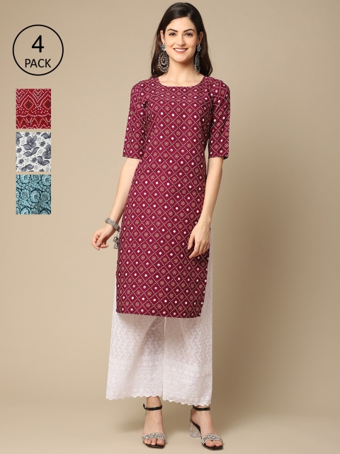 

Ethnic basket Women Pack of 4 Block Print Crepe Kurta, Magenta