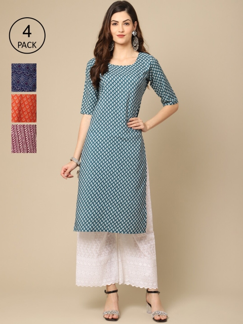 

Ethnic basket Women Pack Of 4 Geometric Printed Crepe Kurta, Green