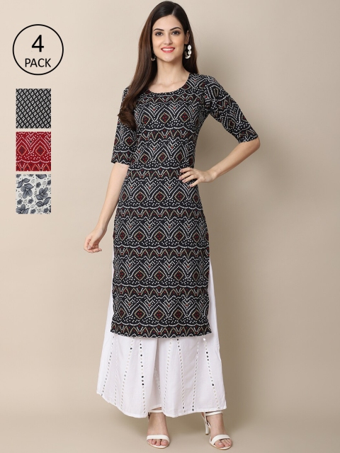 

Ethnic basket Pack Of 4 Women Printed Straight Crepe Kurta, Black