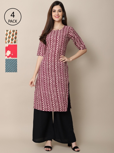 

Ethnic basket Women Pack of 4 Floral Printed Crepe Straight Kurta, Maroon
