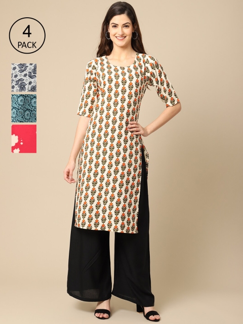 

Ethnic basket Women Pack of 4 White & Blue Ethnic Motifs Printed Crepe Kurta