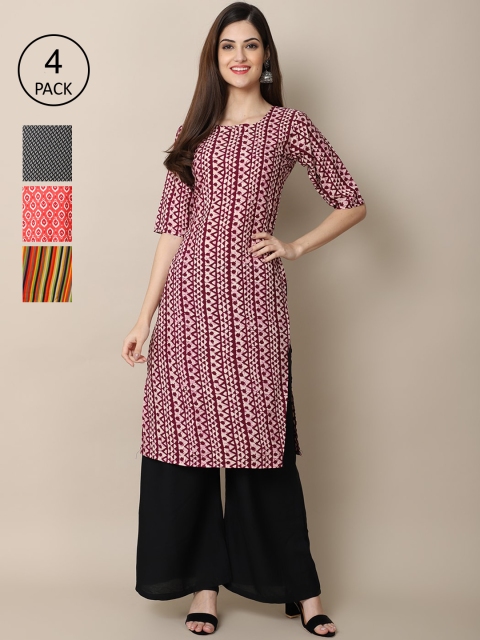 

Ethnic basket Women Yellow & Pink Geometric Printed Block Print Crepe Kurta