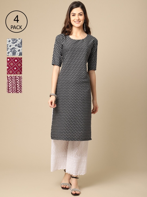 

Ethnic basket Women Pack Of 4 Geometric Printed Crepe Kurtas, Black