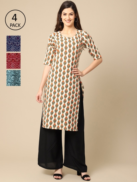 

Ethnic basket Women Pack Of 4 Printed Crepe Straight Kurta, Off white