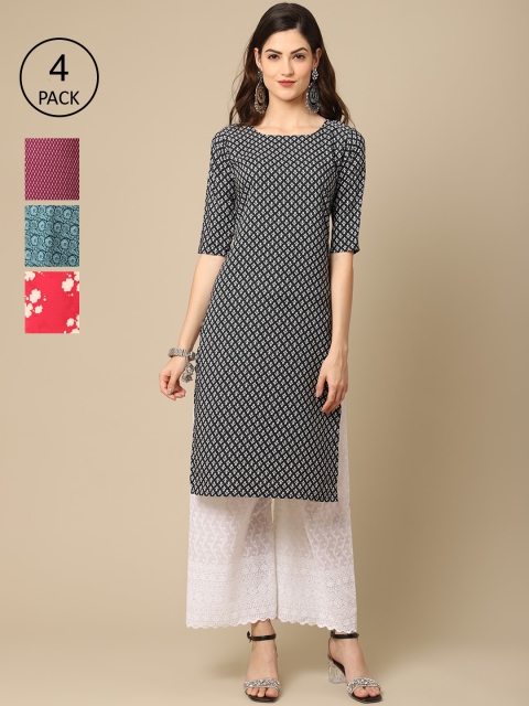 

Ethnic basket Stylish Women's Crepe Printed Straight Kurta (Pack of 4), Black