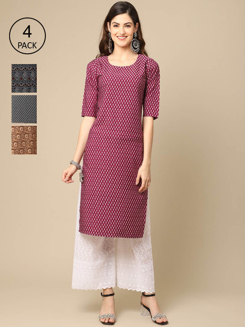 

Ethnic basket Women Pack Of 4 Geometric Printed Crepe Kurta, Maroon
