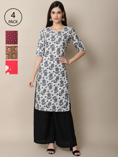 

Ethnic basket Women Pack of 4 White & Magenta Floral Printed Crepe Kurta