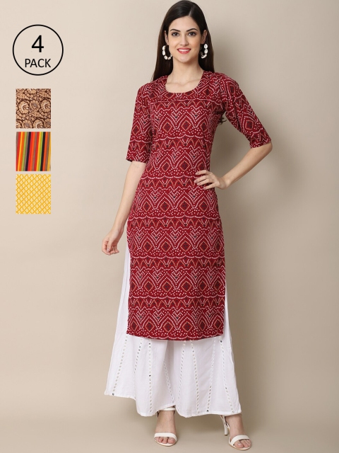 

Ethnic basket Women Pack of 4 Maroon & Yellow Bandhani Printed Crepe Kurta