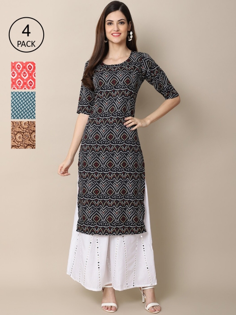 

Ethnic basket Women Pack of 4 Printed Crepe Straight Kurta, Black