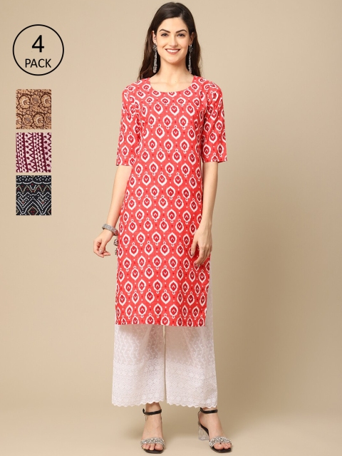 

Ethnic basket Women Pack of 4 Geometric Printed Crepe Straight Kurta, Coral
