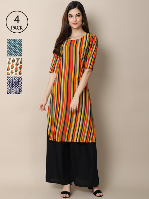

Ethnic basket Women Pack Of 4 Printed Crepe Kurta, Orange
