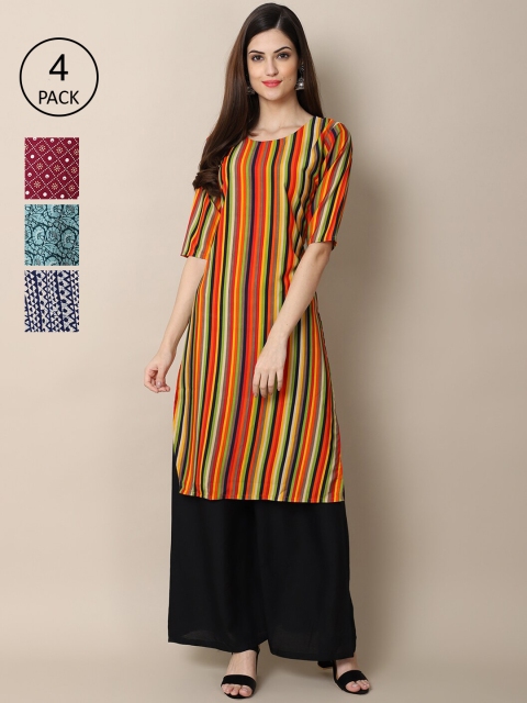 

Ethnic basket Women Pack of 4 Ethnic Motifs Printed Crepe Kurta, Orange