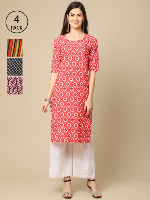 

Ethnic basket Pack Of 4 Women Printed Straight Crepe Kurta, Navy blue
