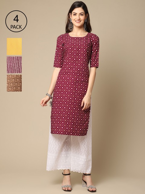 

Ethnic basket Women Pack Of 4 Yellow & Purple Ethnic Motifs Printed Crepe Kurta