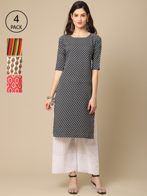 

Ethnic basket Women Pack Of 6 Ethnic Motifs Printed Block Print Crepe Kurta, Multi