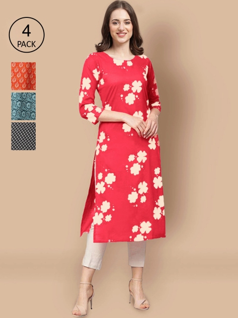 

Ethnic basket Women Pack Of 4 Floral Printed Crepe Kurta, Red