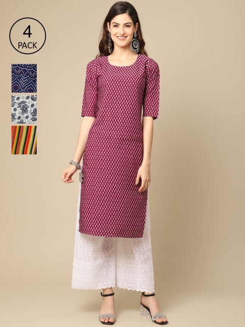 

Ethnic basket Women Pack Of 4 Block Print Crepe Kurta, Navy blue