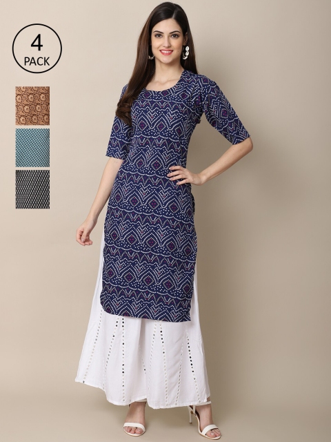

Ethnic basket Women Pack of 4 Block Print Crepe Kurta, Navy blue