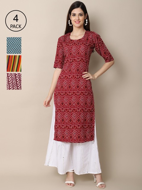 

Ethnic basket Women Maroon & Orange Pack Of 4 Striped Block Print Crepe Kurta