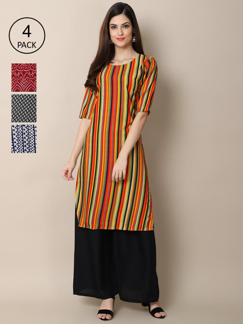 

Ethnic basket Pack Of 4 Women n Printed Straight Crepe Kurta, Navy blue