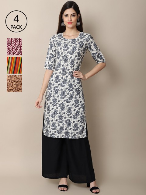 

Ethnic basket Women Pack of 4 Floral Printed Crepe Straight Kurta, White