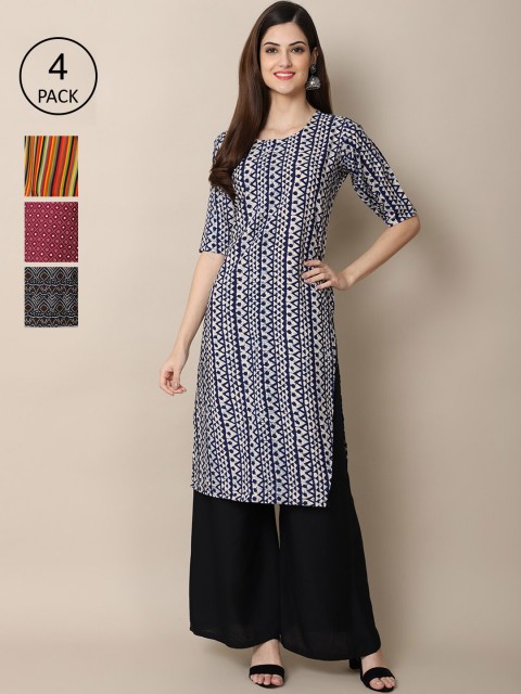 

Ethnic basket Women Pack Of 4 Ethnic Motifs Printed Crepe Kurta, Black
