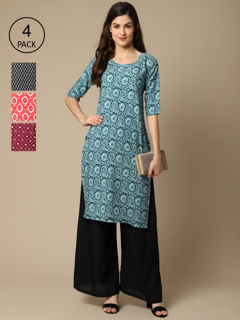 

Ethnic basket Women Pack of 4 Blue & Maroon Ethnic Motifs Printed Crepe Kurta