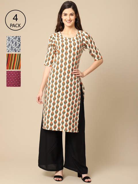 

Ethnic basket Women Pack of 4 Ethnic Motifs Printed Crepe Kurta, White