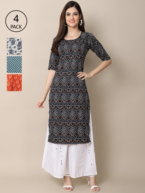 

Ethnic basket Women Pack of 4 Multicoloured Geometric Printed Crepe Kurtas, Multi