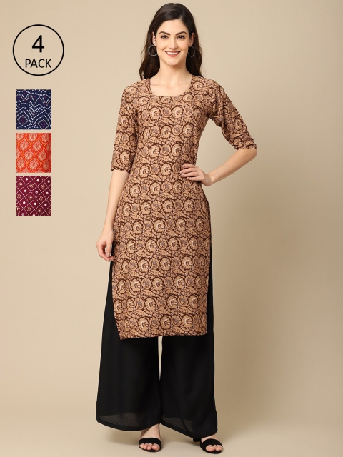 

Ethnic basket Women Pack Of 4 Printed Crepe Straight Kurta, Brown