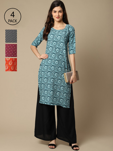 

Ethnic basket Women Pack of 4 Black & Red Ethnic Motifs Printed Crepe Kurta, Blue