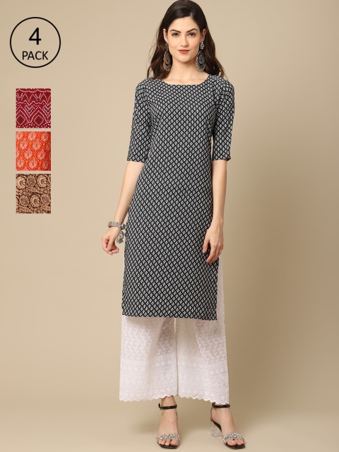 

Ethnic basket Pack of 4 Women Geometric Printed Crepe Kurta, Orange