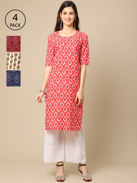 

Ethnic basket Women Pack of 4 Printed Crepe Kurtas, Maroon