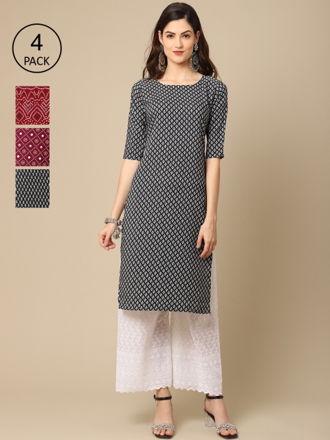 

Ethnic basket Women Pack Of 4 Geometric Printed Crepe Kurtas, Black