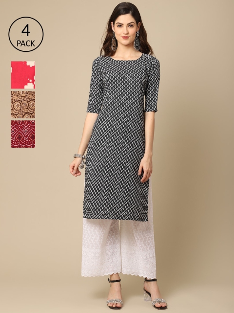 

Ethnic basket Women Pack of 4 Printed Crepe Kurtas, Black