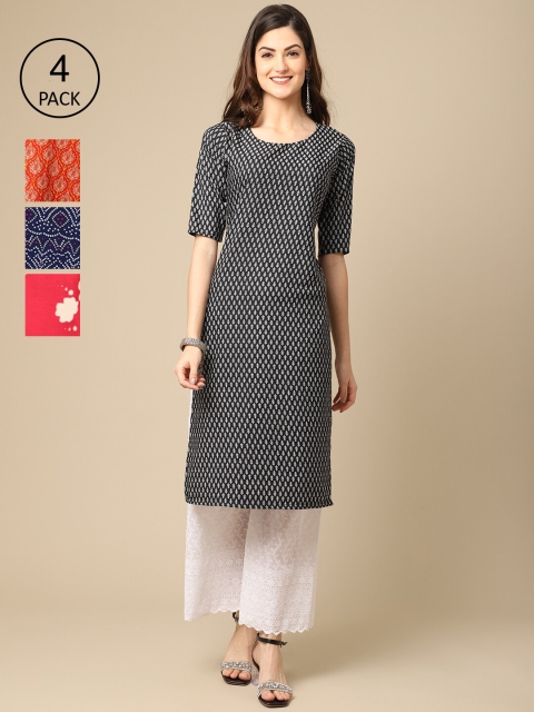 

Ethnic basket Women Pack Of 6 Ethnic Motifs Printed Block Print Crepe Kurta, Multi